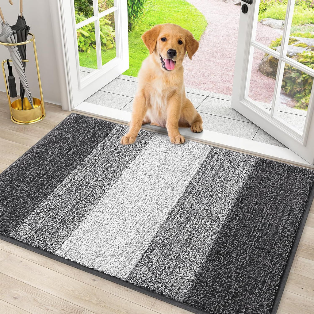 Smiry Dog Door Mat - Absorbent Indoor Outdoor Mat for Muddy Paws | Non-Slip, Low-Profile Design (30x20 Inches, Grey Striped)