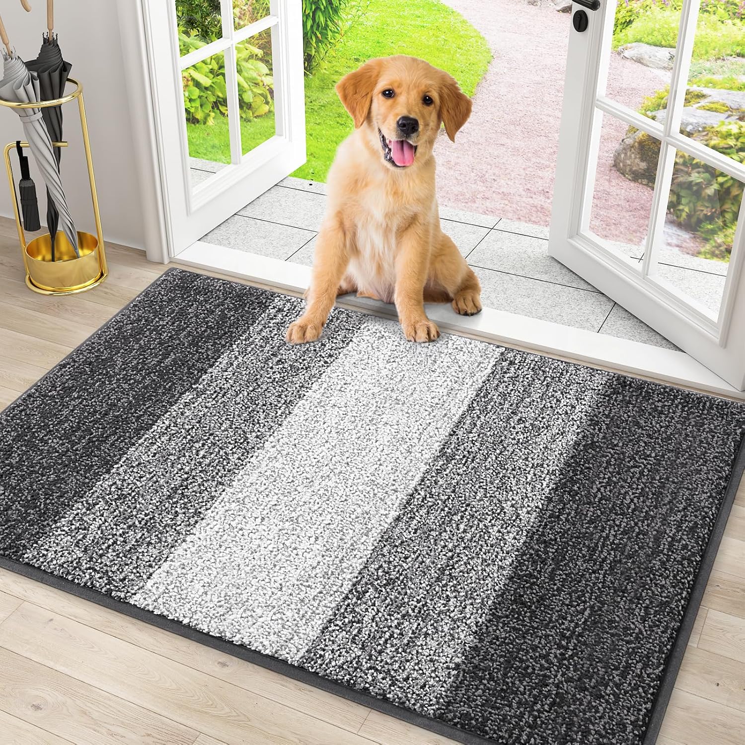 Smiry Dog Door Mat - Absorbent Indoor Outdoor Mat for Muddy Paws | Non-Slip, Low-Profile Design (30x20 Inches, Grey Striped)
