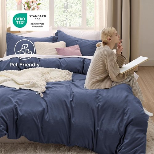 Bedsure Navy Blue Duvet Cover Set - Soft Cotton-Like Polyester Bedding, Full Size 3 Pieces, 80x90 Inches