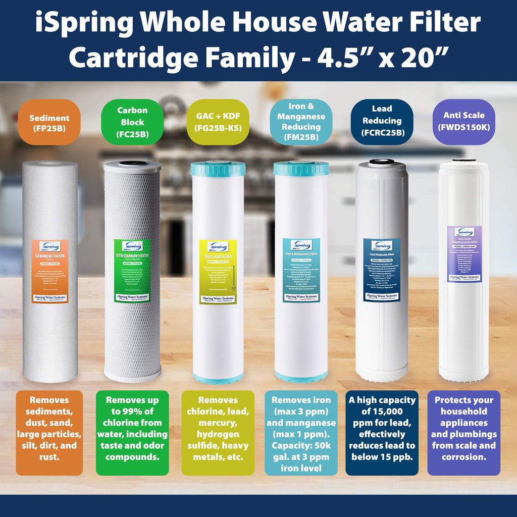 iSpring FC25BX2 20"x 4.5" Carbon Block Whole House Water Filter Replacement Cartridges, Reduces Up to 99% Chlorine, Taste, and Odor, 5-Micron, Pack of 2