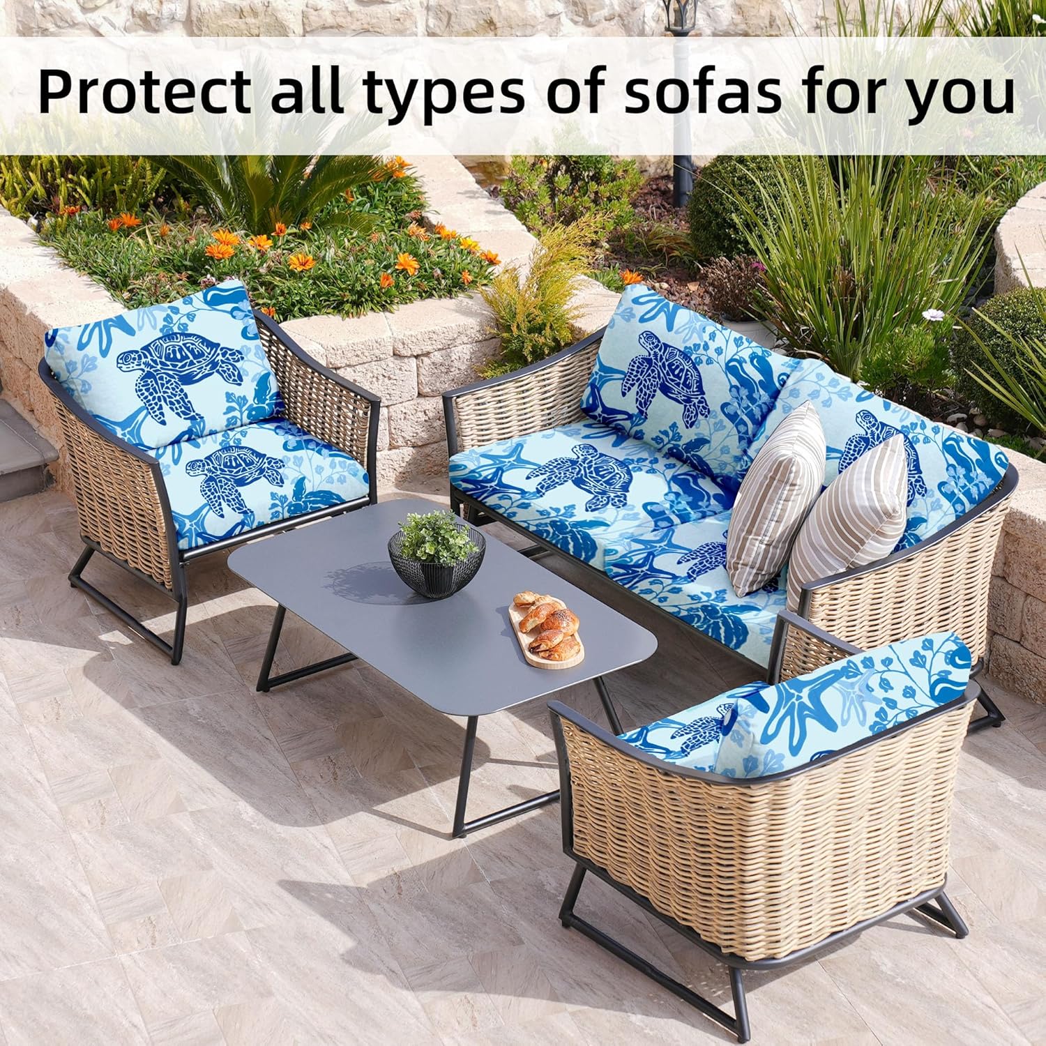 Skiennix 8Pcs Stretch Patio Cushion Covers - Washable Outdoor Sofa Slipcovers | Sea Turtle Design