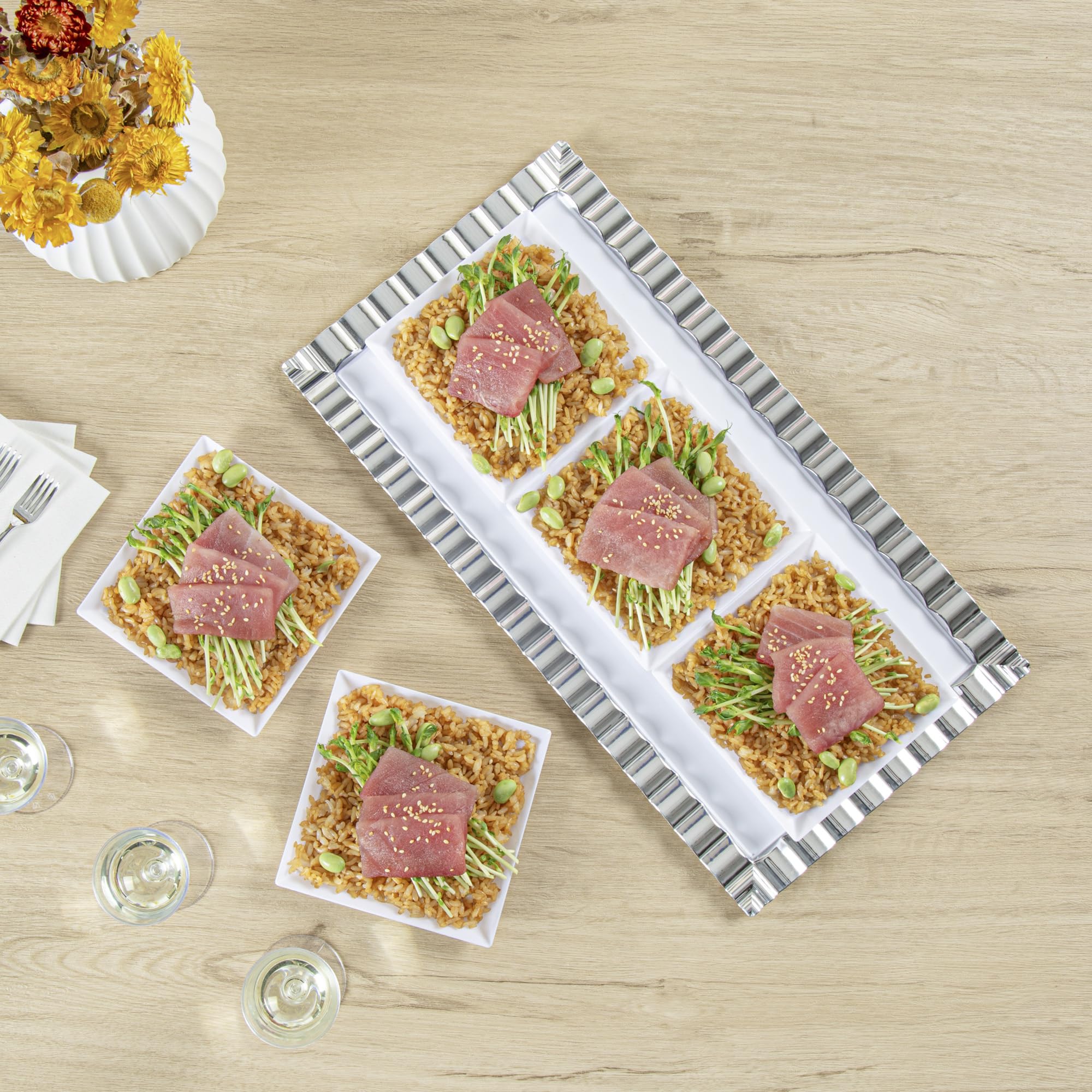 Restaurantware 5 x 5 Inch Mini Tasting Plates 100 Disposable Square Plastic Plates - Durable Stylish White Plastic Hors D'oeuvre Serving Plates For Desserts Or Appetizers At Parties