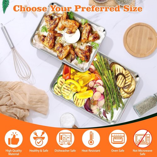 Herogo Stainless Steel Baking Sheet Pan Set - Heavy Duty Non-Toxic Bakeware for Oven | 2 Pack, Small & Medium