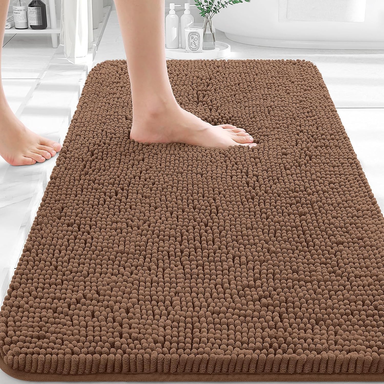 OLANLY Bathroom Rugs - Extra Soft Chenille Bath Mats with Rubber Backing | 30x20 Mocha, Quick Dry & Machine Washable