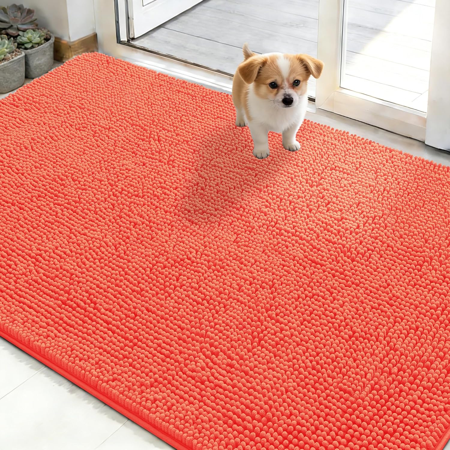 OLANLY Dog Door Mat - Absorbent Non-Slip Chenille Mat for Muddy Paws | 50x30 Coral Indoor Entryway Carpet