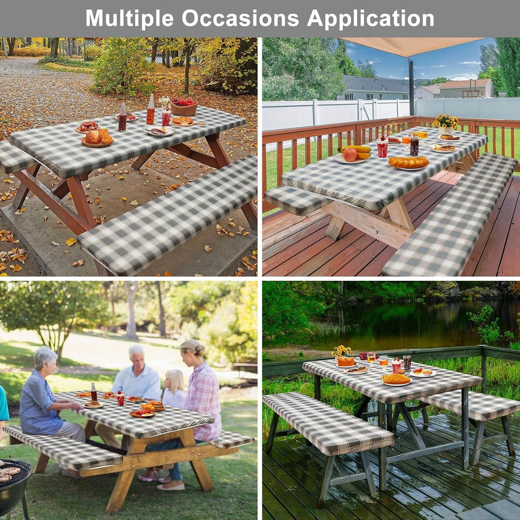 Picnic Table Cover - Waterproof & Windproof with Bench Covers | Fitted Rectangle 72in, Gray White