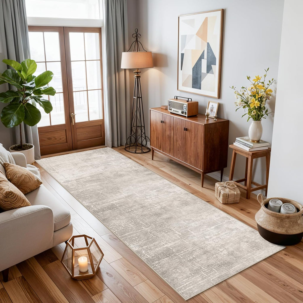 **Hallway Washable Runner Rug - Abstract Stain Resistant Design | Soft Non-Slip Indoor Carpet (2x8, Beige/Cream)**