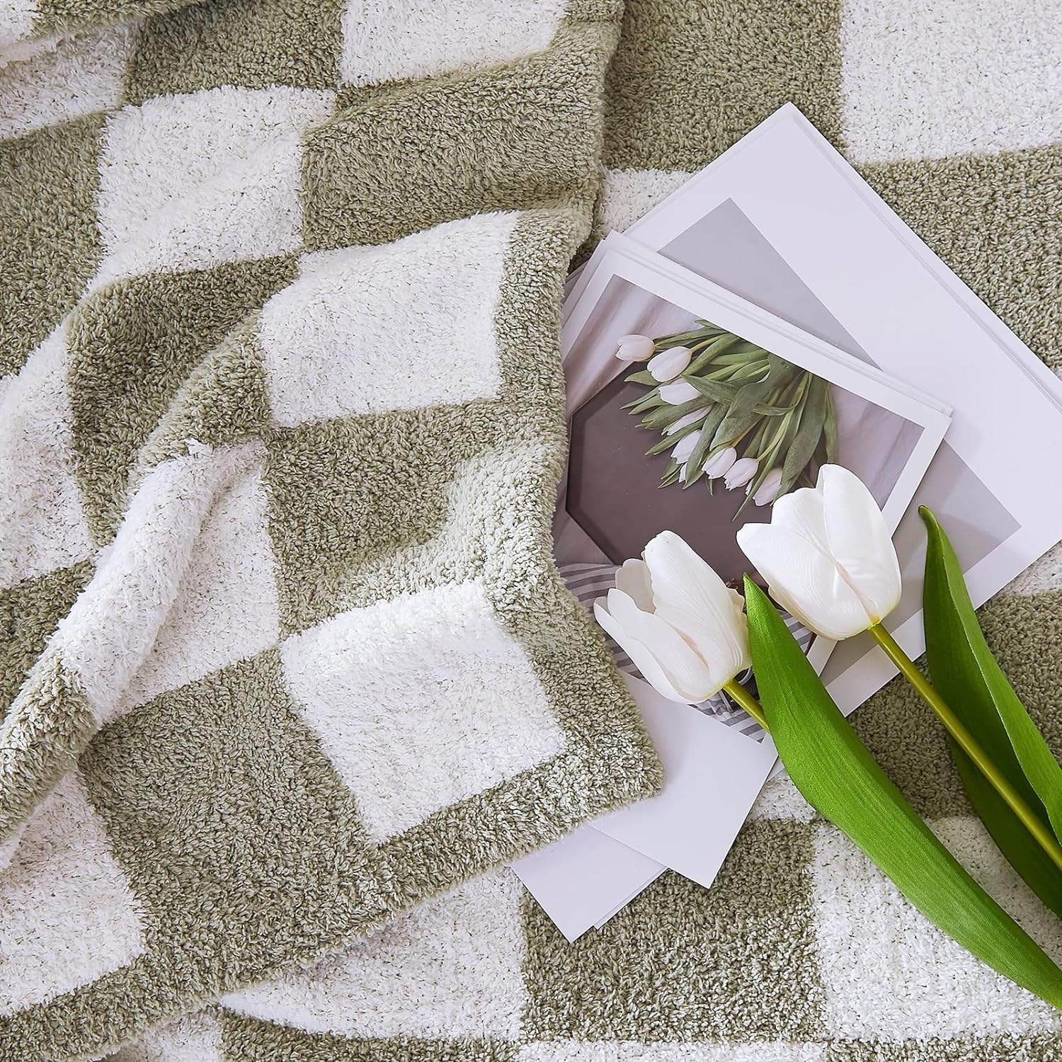 WRENSONGE Checkered Throw Blanket - Soft Sage Green Cozy Handmade Blanket for Couch, Sofa, Travel