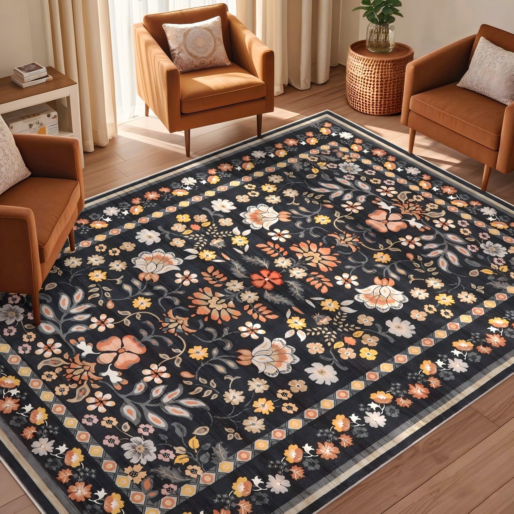 UERMEI Runner Rug for Hallways Kitchen: 2x6 Washable Area Rug Boho Floral Soft Long Rug - Non-Slip Low Pile Throw Indoor Carpet for Entryway Kitchen Bedroom Laundry Bathroom - Black Grey