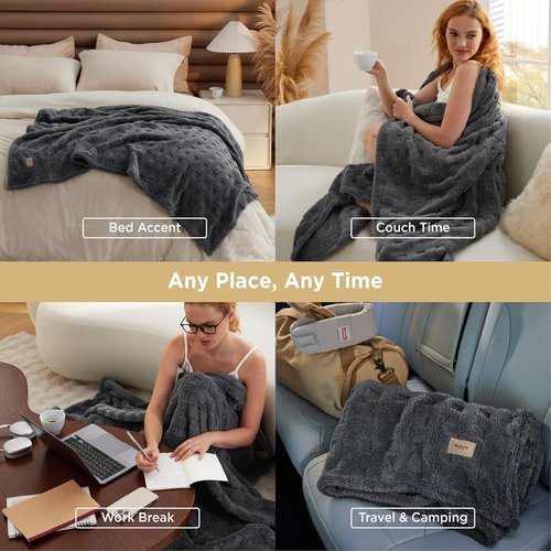 Bedsure Waffle Throw Blanket - Cozy Dark Grey Fluffy Fleece Blanket for Couch | 50x60 Inches