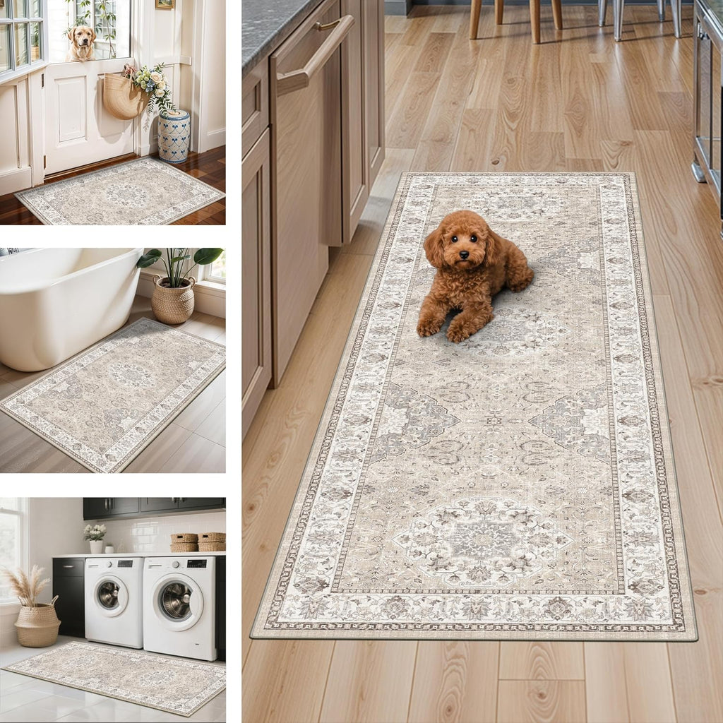 Skiennix Kitchen Rug Set - Washable Water-Resistant Soft Mats with Non-Slip Backing | Beige, 4-Piece Collection