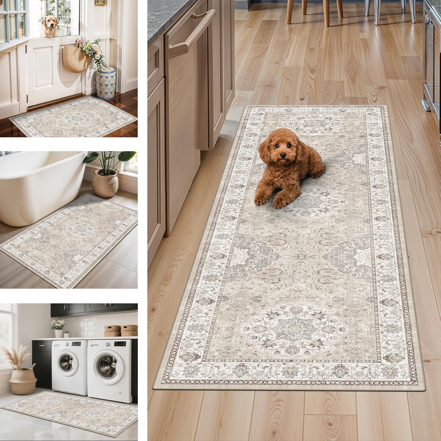 Skiennix Kitchen Rug Set - Washable Water-Resistant Soft Mats with Non-Slip Backing | Beige, 4-Piece Collection