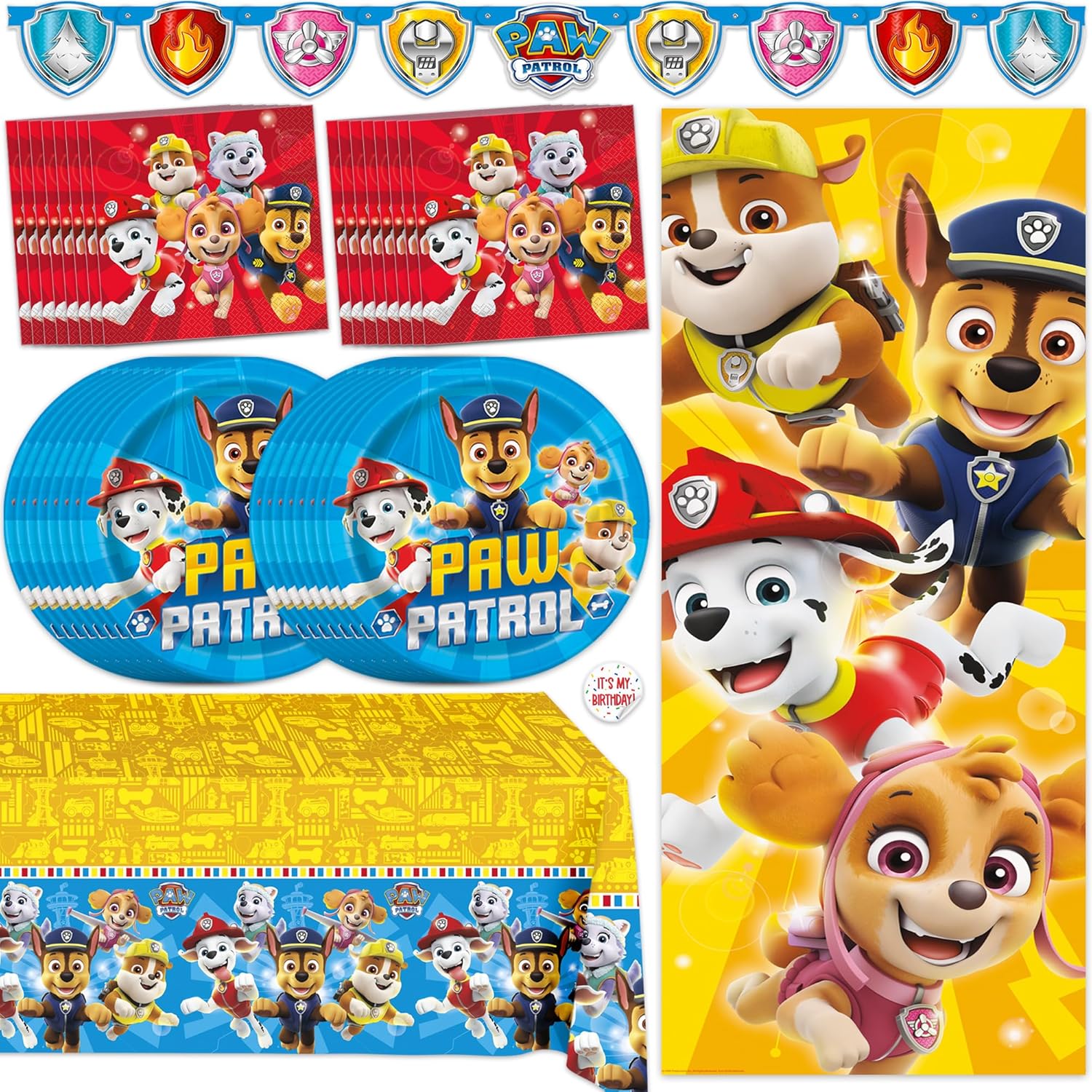 Paw Patrol Birthday Decorations - Complete Party Set for 16 Guests | Banner, Tablecloth, Plates & More