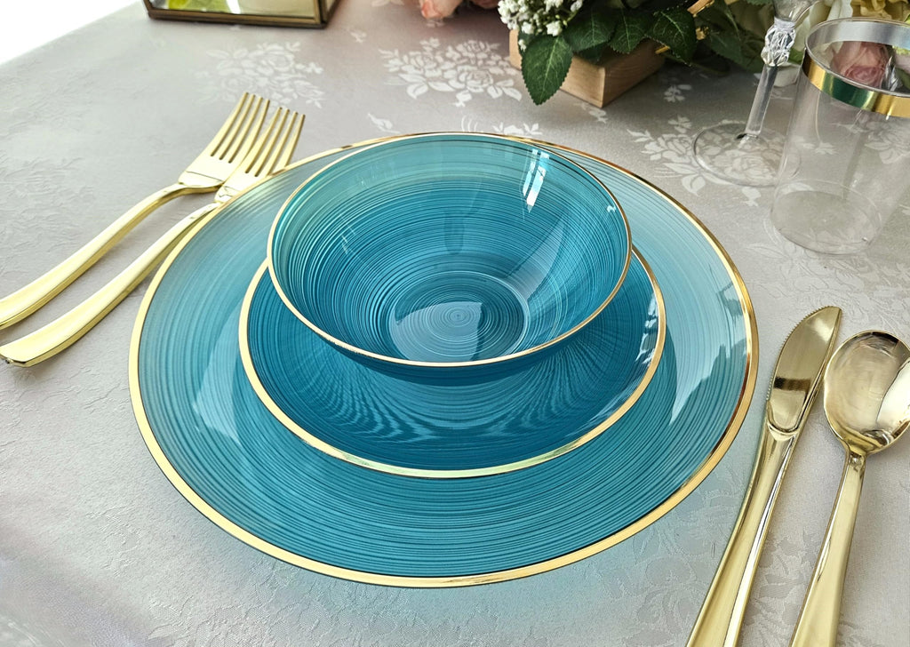 " OCCASIONS " 120 Plates Pack,(60 Guests) Premium Wedding Party Disposable Plastic Plates Set -60 x 10'' Dinner + 60 x 7'' Salad/Dessert (Belize, Aqua & Gold)