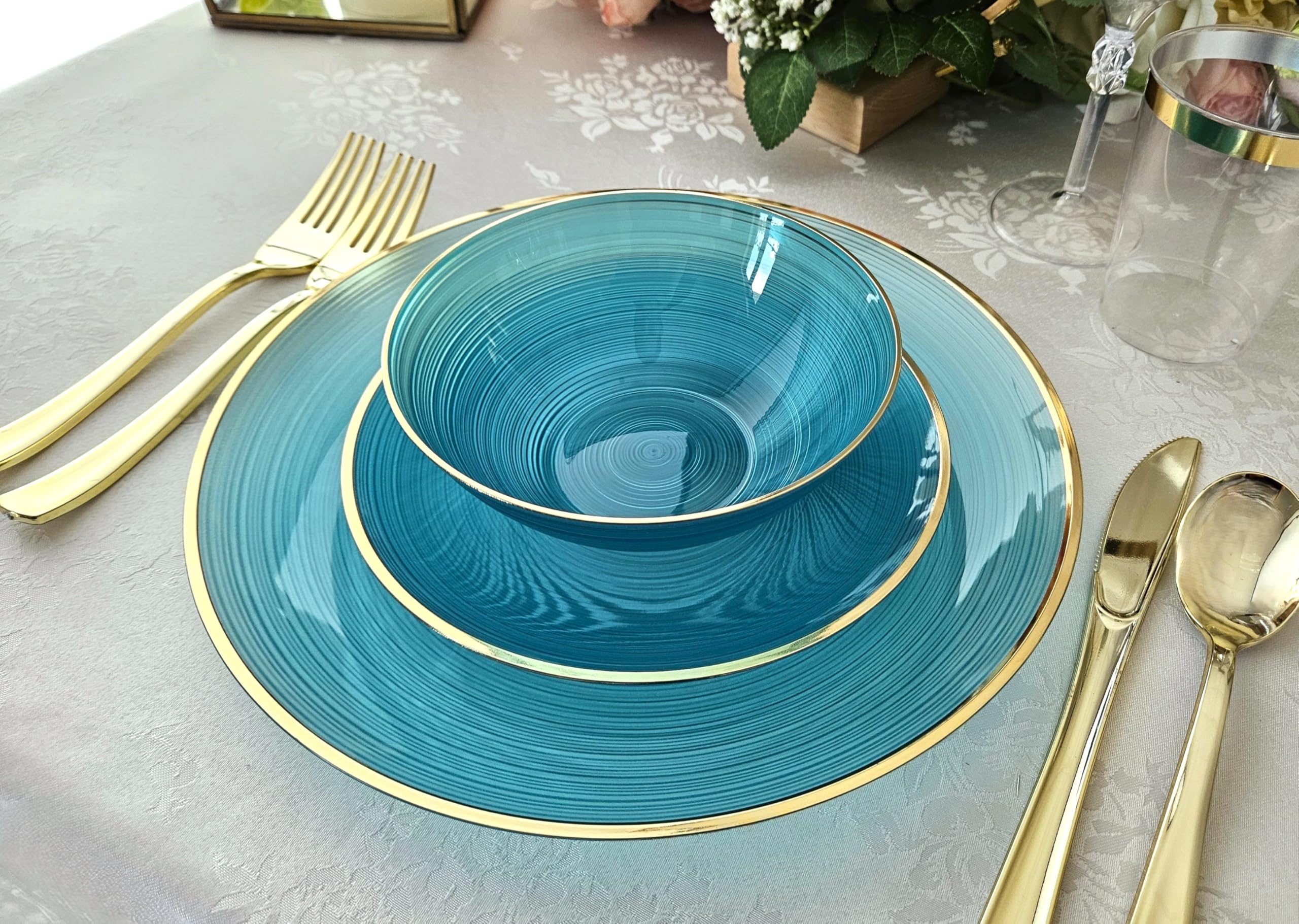 " OCCASIONS " 120 Plates Pack,(60 Guests) Premium Wedding Party Disposable Plastic Plates Set -60 x 10'' Dinner + 60 x 7'' Salad/Dessert (Belize, Aqua & Gold)