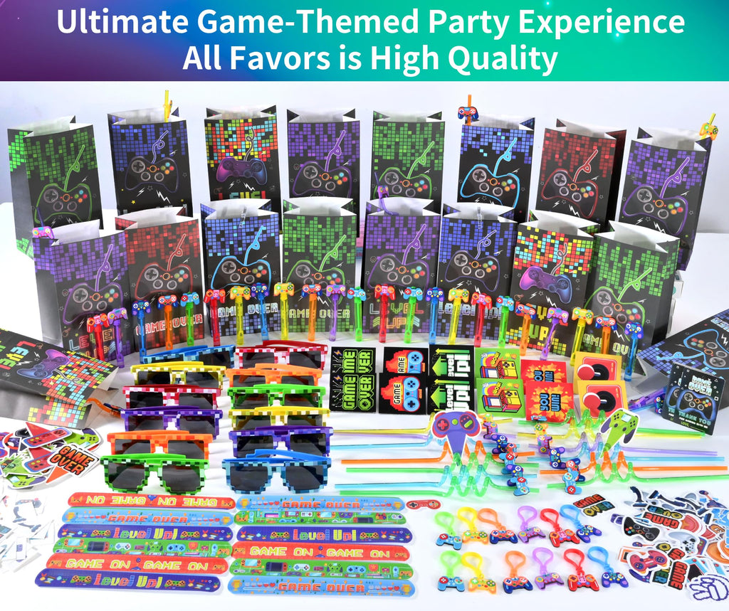 PLOUGVI 320PCS Video Game Party Favors for Kids-Including Goodie Bags, Glasses, Straws, Bubble Wands, Stickers, Cake Toppers, Tattoos & More-Perfect for Theme Party Decorations & Piñata Fillers