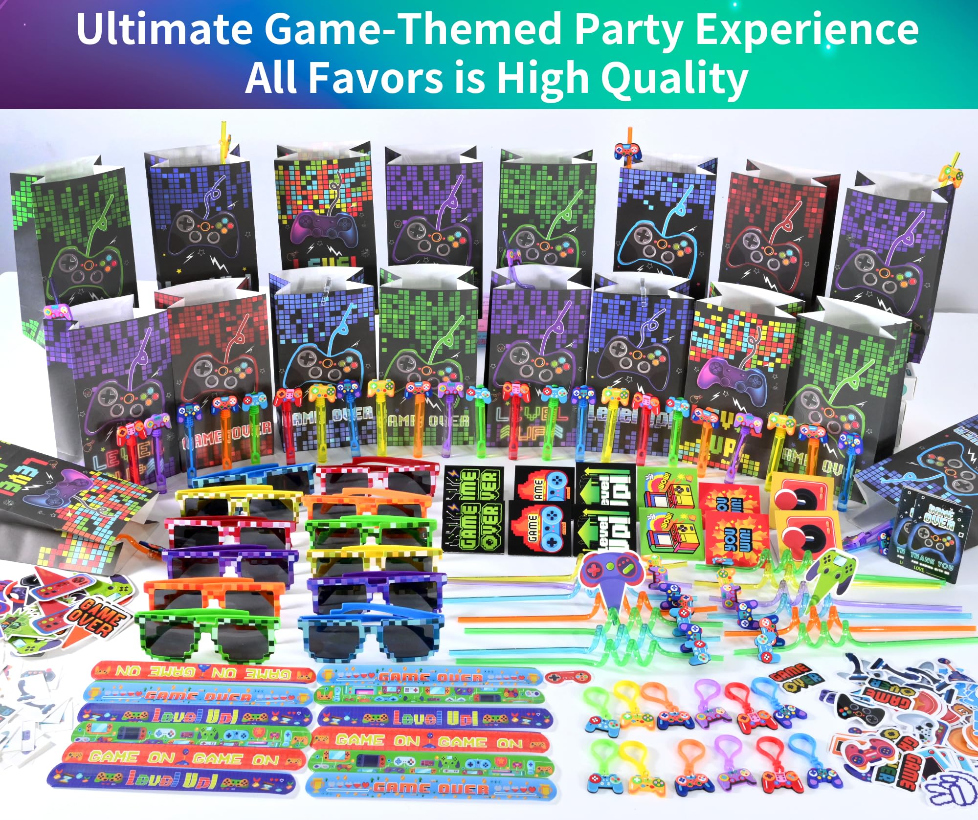 PLOUGVI 320PCS Video Game Party Favors for Kids-Including Goodie Bags, Glasses, Straws, Bubble Wands, Stickers, Cake Toppers, Tattoos & More-Perfect for Theme Party Decorations & Piñata Fillers