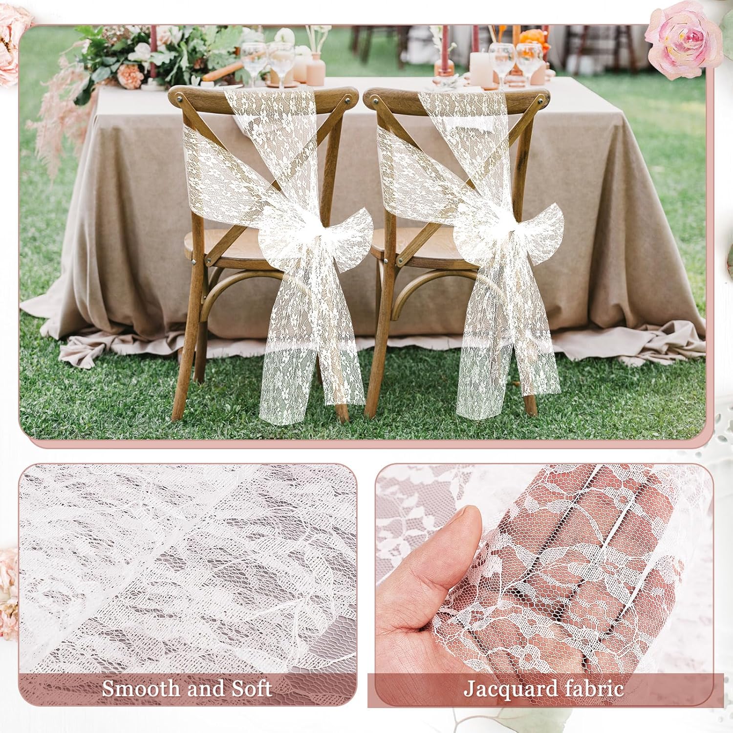 VitalCozy Vintage Chair Sashes - 50 Pcs Embroidered Boho Bows for Weddings & Events | 7 x 108 Inches, Lace White