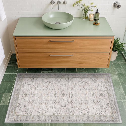 Boho Bathroom Rug by Light Grey | Modern Vintage Floral Design, Washable Non-Slip 2x4 Area Rug