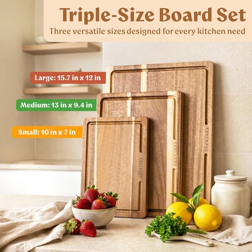 Acacia Wood Cutting Board Set - Non-Toxic, Durable & Double-Sided with Juice Groove | 3-Piece Chopping Boards for Meat, Cheese & Vegetables