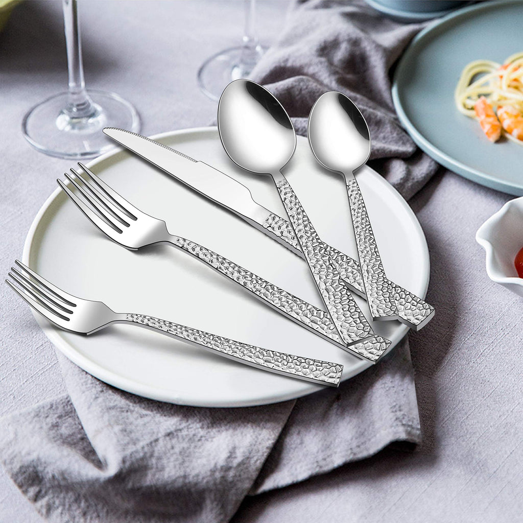 65-Piece Silverware Set with Serving Pieces, E-far Stainless Steel Hammered Flatware Eating Utensils Service for 12, Modern Tableware Cutlery Set with Square Edge, Mirror Polished, Dishwasher Safe