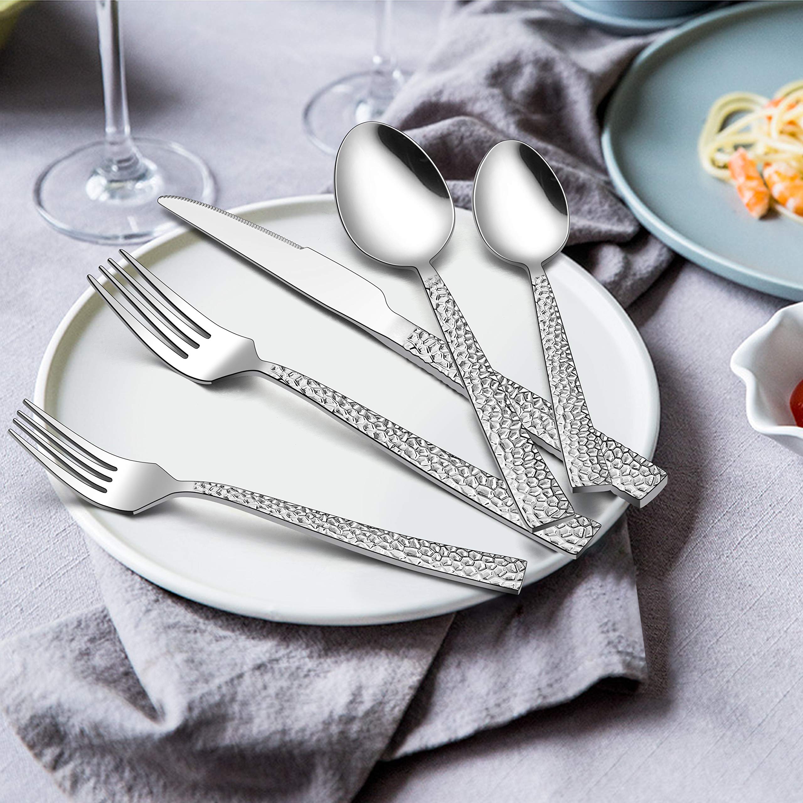 65-Piece Silverware Set with Serving Pieces, E-far Stainless Steel Hammered Flatware Eating Utensils Service for 12, Modern Tableware Cutlery Set with Square Edge, Mirror Polished, Dishwasher Safe