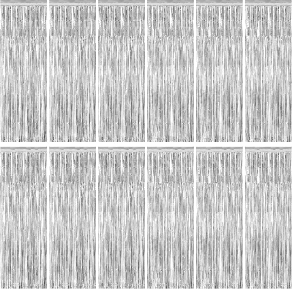 Metallic Silver Fringe Backdrop by [Brand Name] - 12 Pack Tinsel Curtains for Birthday & Disco Party Decor | 3.28 FT x 7.05 FT