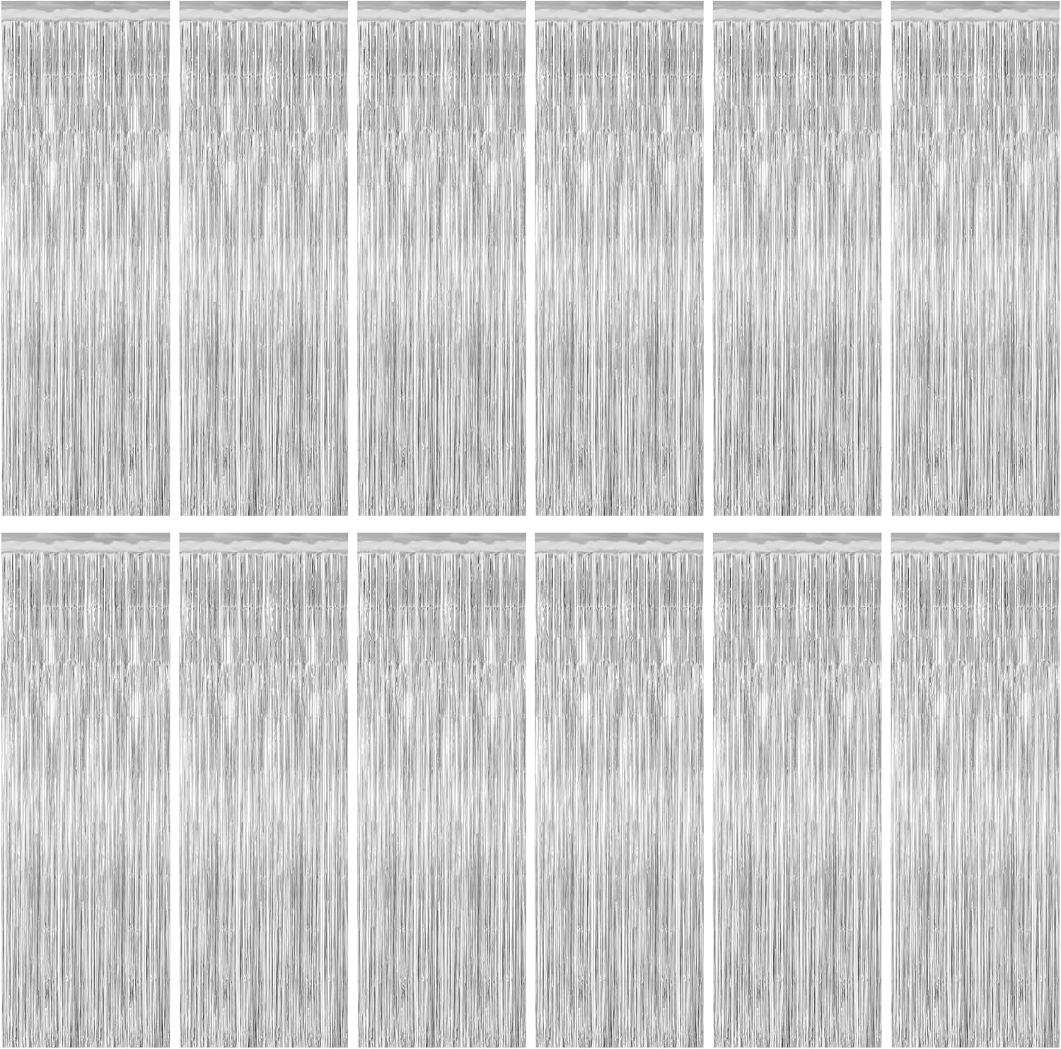 Metallic Silver Fringe Backdrop by [Brand Name] - 12 Pack Tinsel Curtains for Birthday & Disco Party Decor | 3.28 FT x 7.05 FT