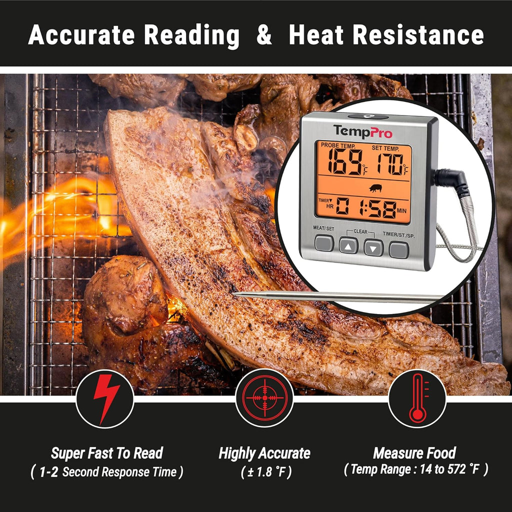 TempPro Digital Meat Thermometer - Accurate BBQ Cooking Tool with Backlight & Timer | Ideal for Smoker, Oven, Baking
