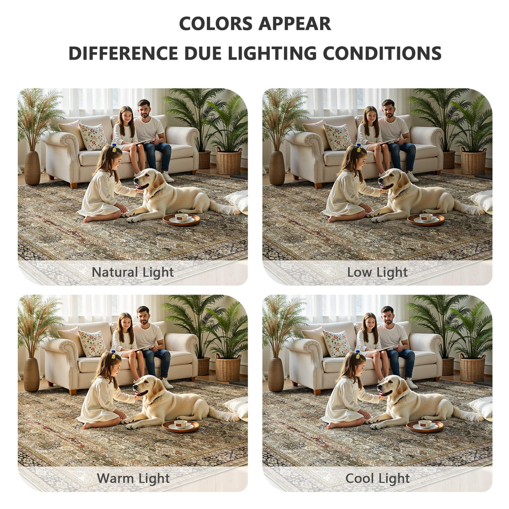 Yarooge 8x10 Area Rugs for Living Room - Washable Vintage Retro Large Rug, Soft Ultra Thin Non Slip Low Pile Traditional Distressed Boho Carpet for Bedroom Dining Room Home Office, Charcoal Olive