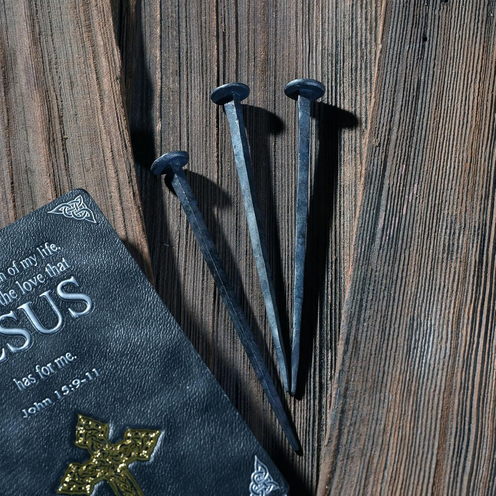 Skiennix Hand Forged Nails - Jesus Cross Wrought Iron Decorative Nails | Natural Grey Finish (3 Pcs)