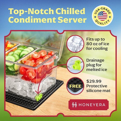 Honeyera Chilled Condiment Server | Hosting Essentials for Up to 80 Oz of Ice | Mimosa Bar Supplies Drain Plug | BPA-Free Taco Bar/Salad Bar | Food-Safe Condiment Caddy (Parent) (Black, 2 Pack)
