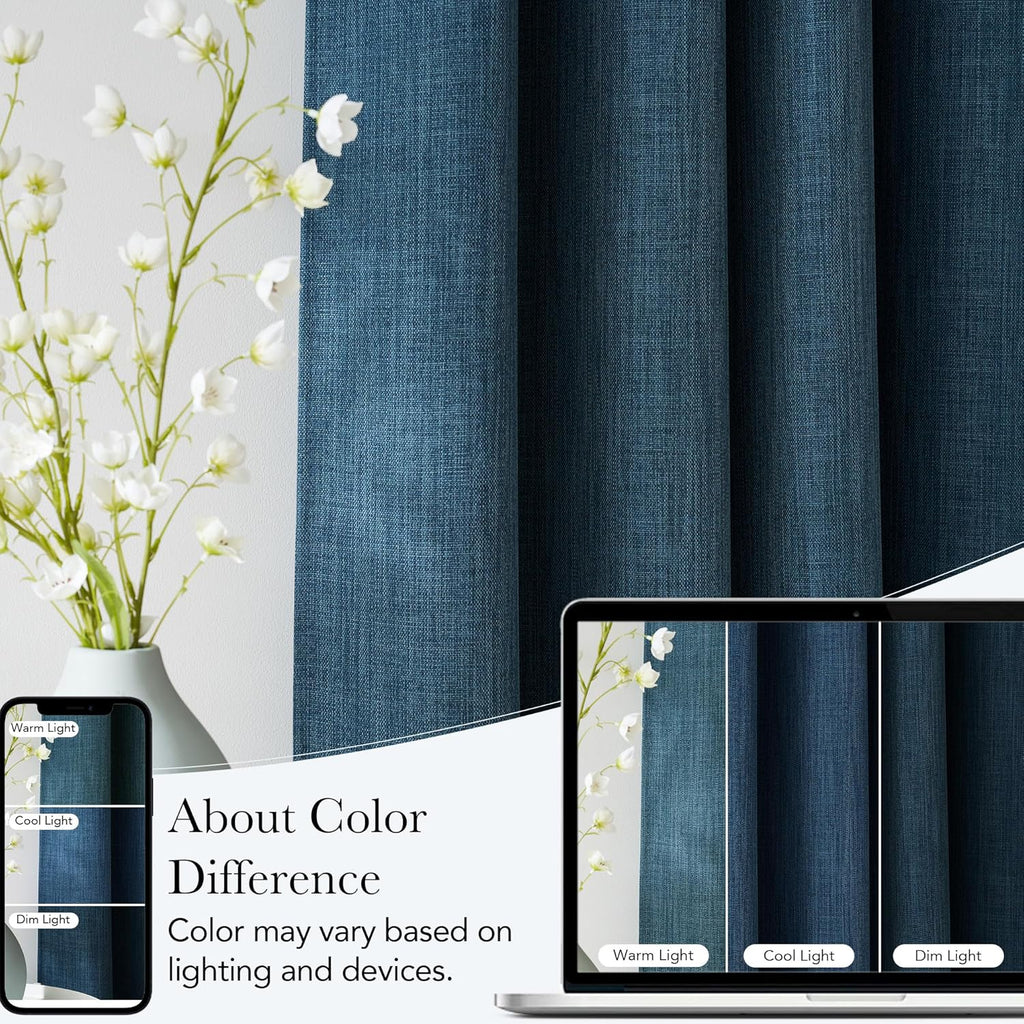 NICETOWN Short Faux Linen Blackout Curtains - Stone Blue Privacy Panels for Kitchen | 63 Inches, 2 Panels