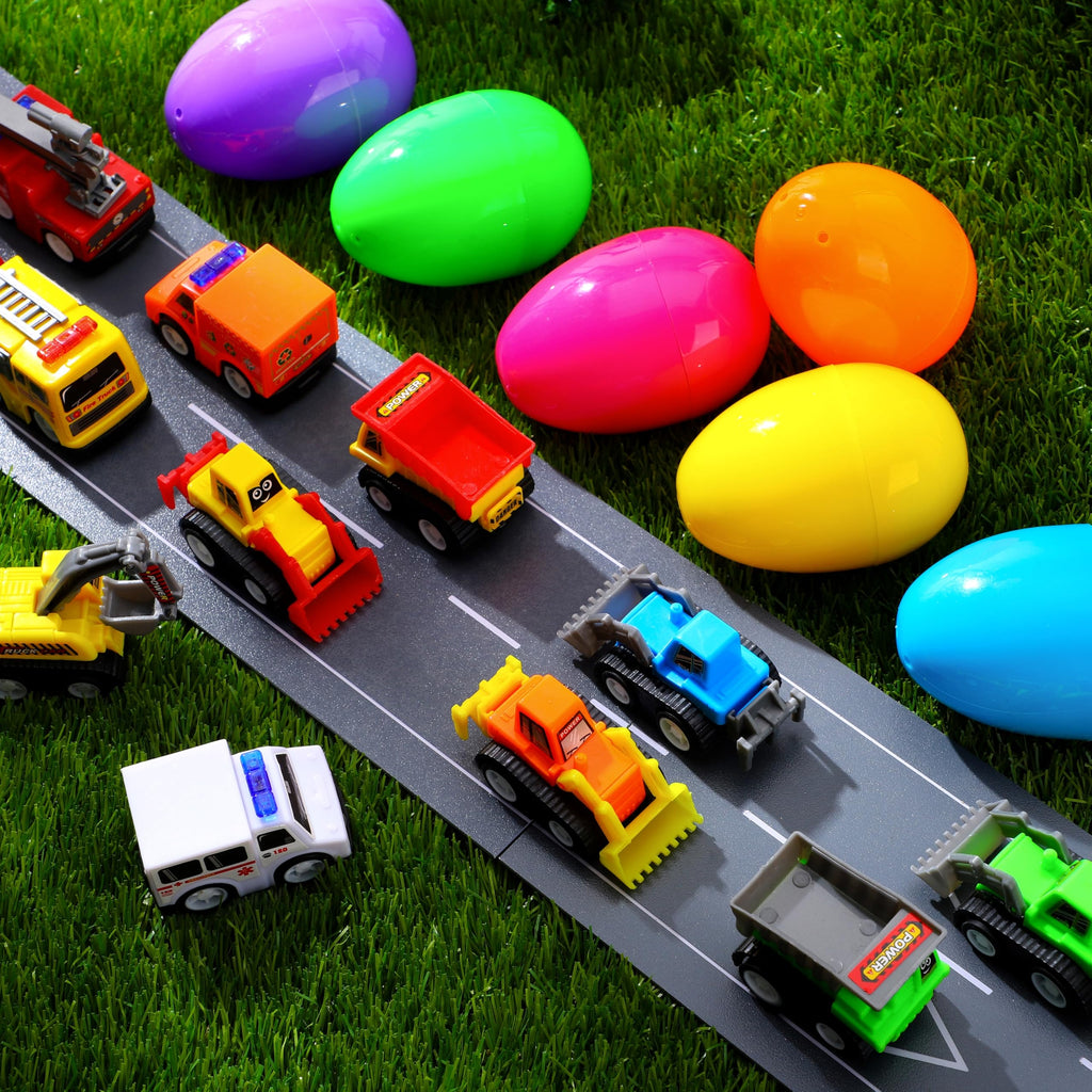 JOYIN 24 Pcs Filled Easter Eggs with Pull Back Construction Cars, Prefilled Easter Egg with Vehicle for Kid Boys, Basket Stuffers/Fillers, Party Favor, Classroom Prize Supplies