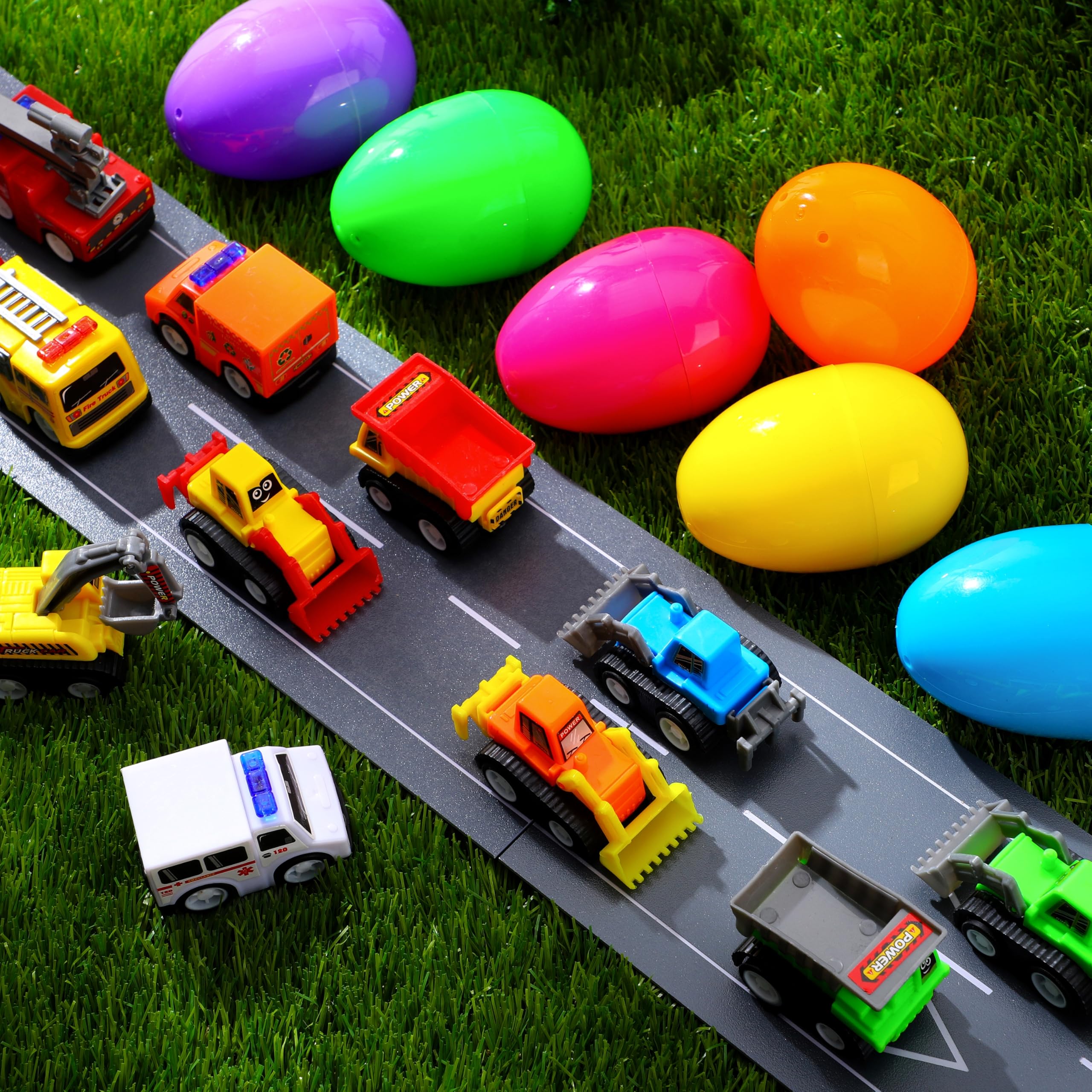 JOYIN 24 Pcs Filled Easter Eggs with Pull Back Construction Cars, Prefilled Easter Egg with Vehicle for Kid Boys, Basket Stuffers/Fillers, Party Favor, Classroom Prize Supplies