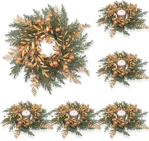 Cindeer Christmas Candle Rings - 6 Pcs Gold Berry Wreaths for 8.4 Inch Pillar Candles | Festive Table Decor