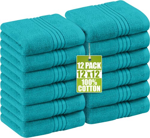 Utopia Towels 12 Pack Premium Wash Cloths Set, 12 by 12 Inches, 100% Cotton Ring Spun, Highly Absorbent and Soft Feel Washcloths for Bathroom, Spa, Gym, and Face, Turquoise