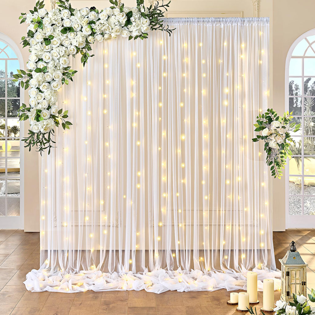 10FT x 7FT White Sheer Curtains with Lights String Tulle Curtain for Living Room Bedroom Parites Wedding Birthday Decorations 2 Panels 60" Wｘ84 L