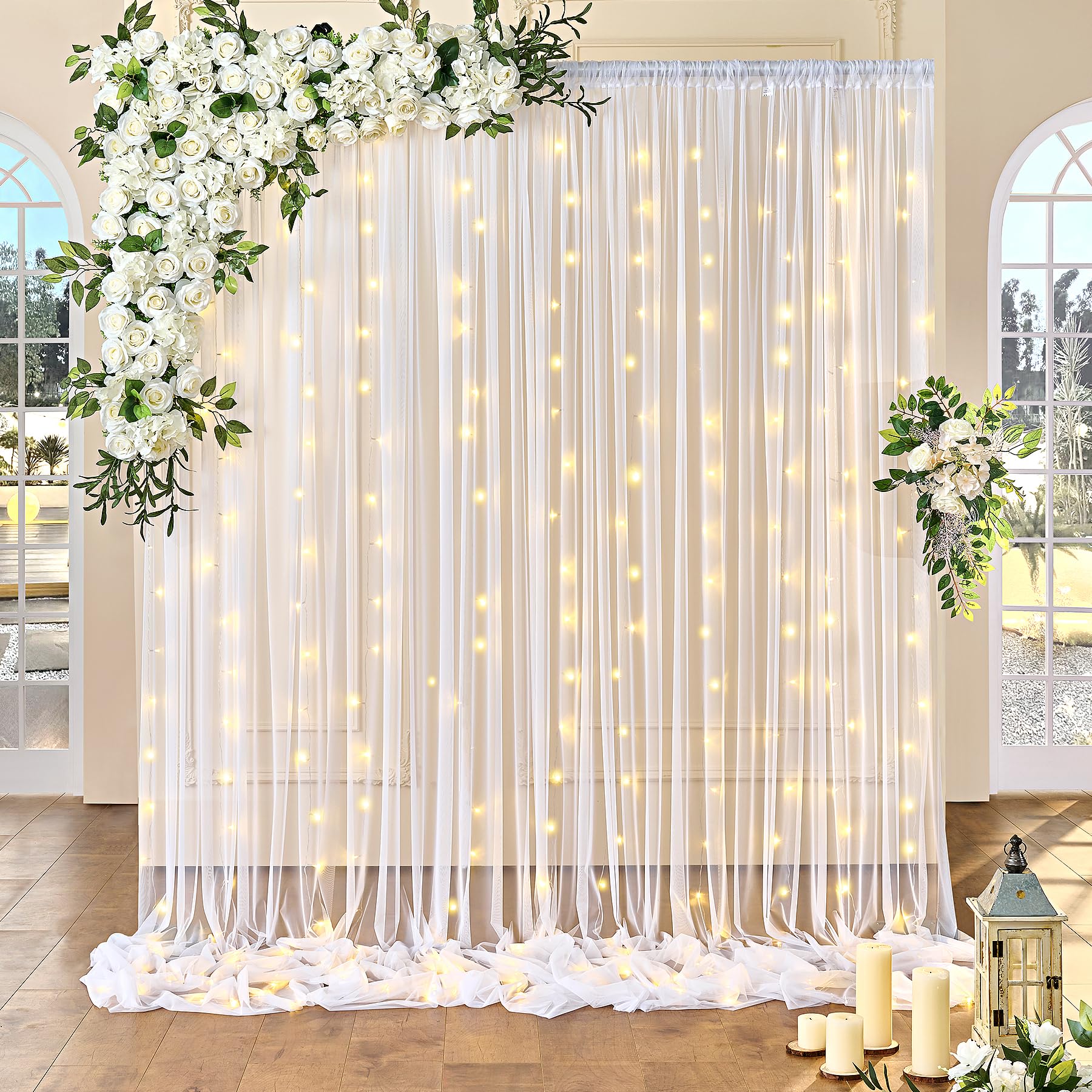 10FT x 7FT White Sheer Curtains with Lights String Tulle Curtain for Living Room Bedroom Parites Wedding Birthday Decorations 2 Panels 60" Wｘ84 L