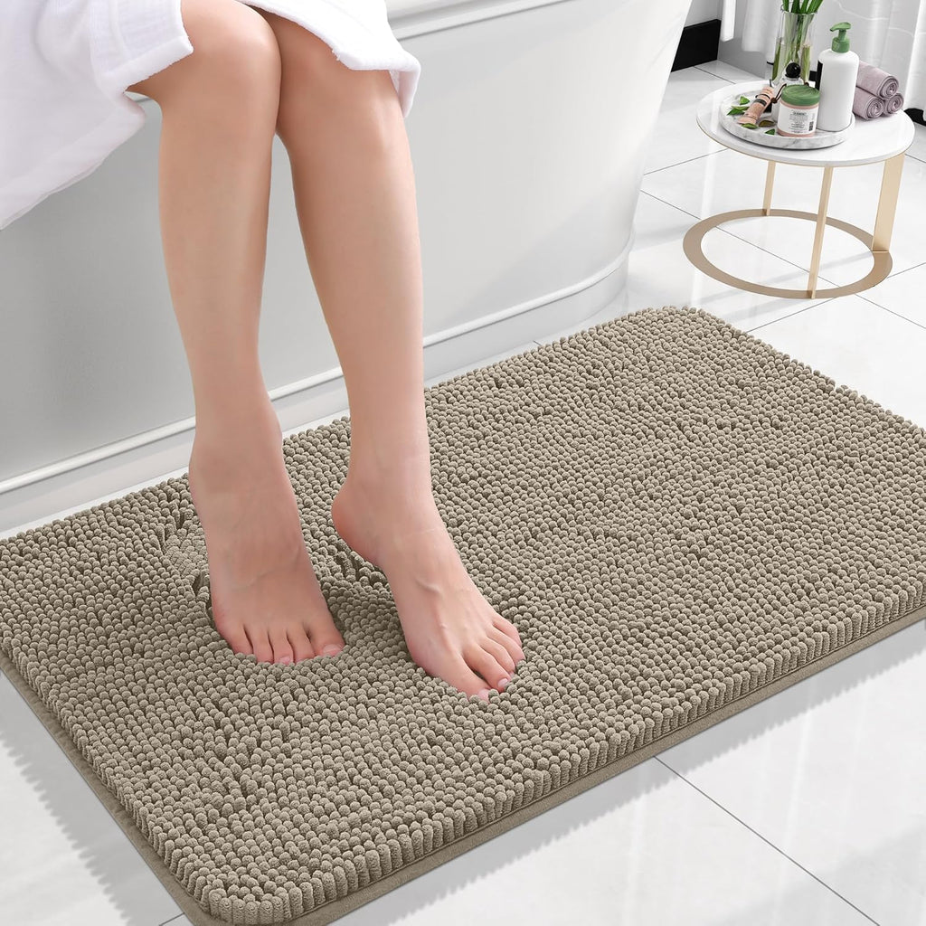 OLANLY Small Bathroom Rugs - Extra Soft Absorbent Chenille Bath Mats | Quick Dry, Machine Washable, Warm Taupe 24x16