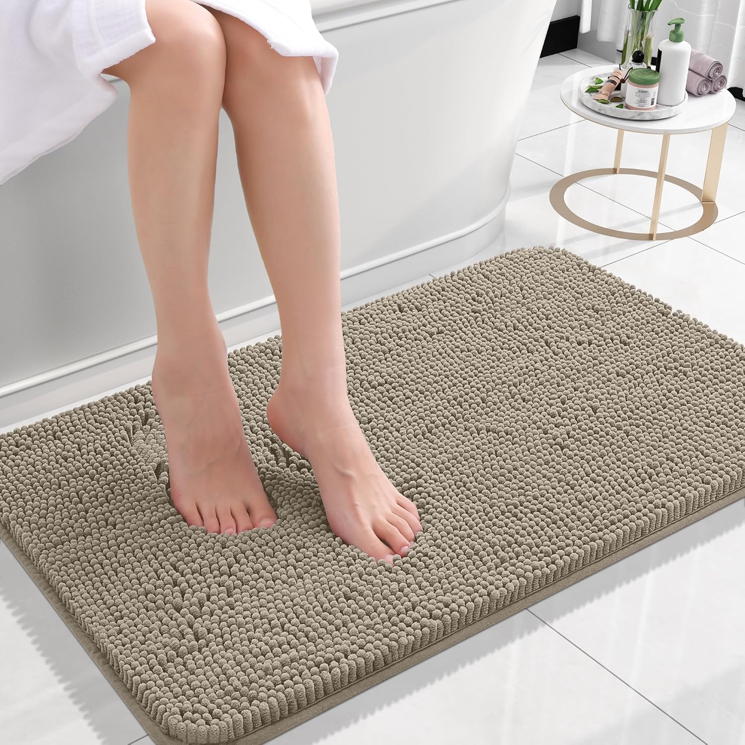 OLANLY Small Bathroom Rugs - Extra Soft Absorbent Chenille Bath Mats | Quick Dry, Machine Washable, Warm Taupe 24x16