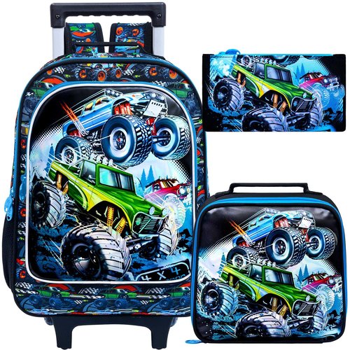 CCJPX 3PCS Truck Rolling Backpack for Boys, Kids Roller Wheels School Bookbag Set, Cars Travel Wheeled School Bag for Toddler Elementary Children-Blue