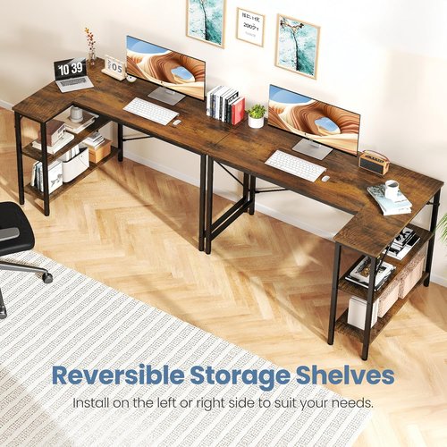 DUMOS L-Shaped Desk - 47-Inch Computer Desk with Reversible Storage Shelves | Rustic Brown Home Office Furniture