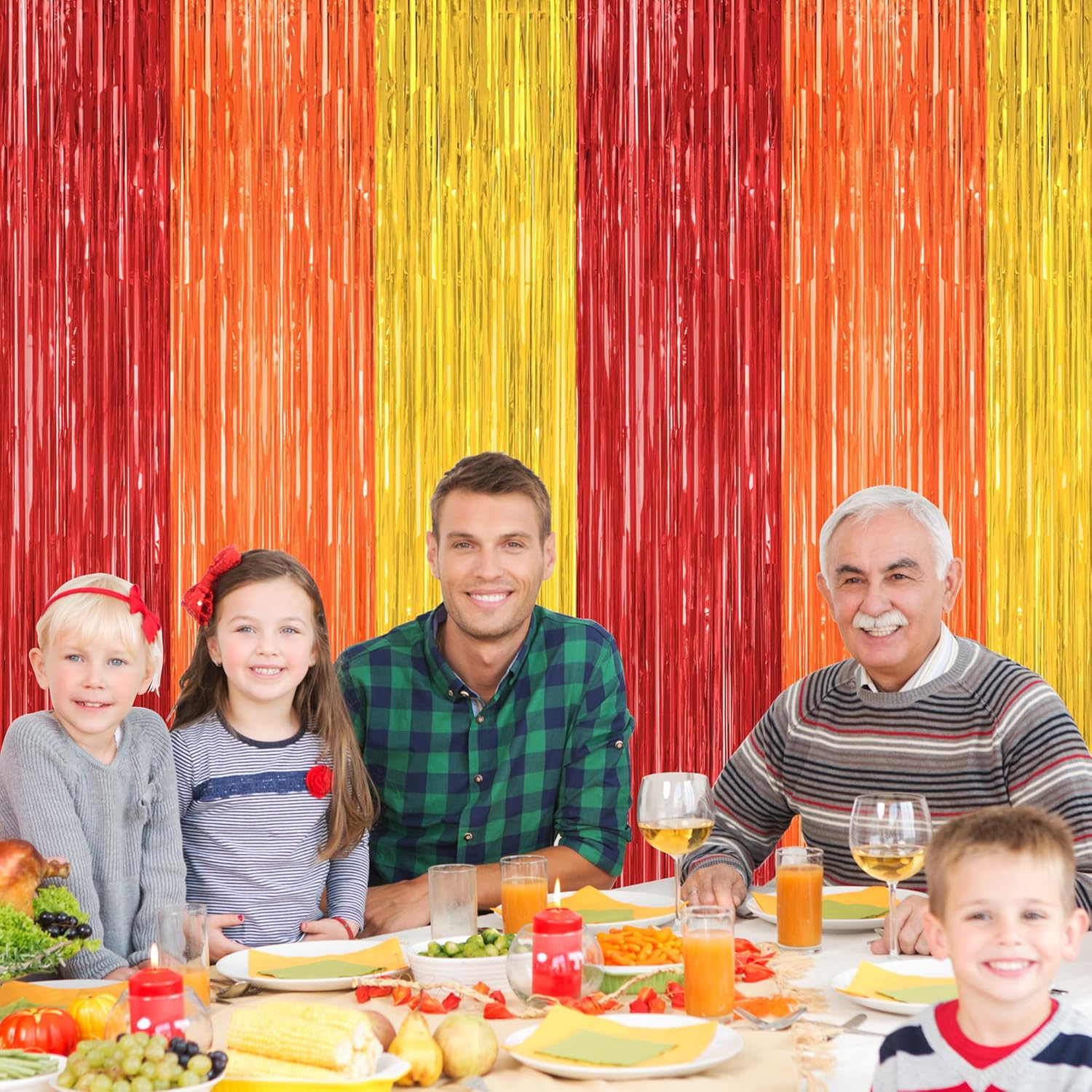 Regine Switzerland Thanksgiving Backdrop - 2 Pack Red Orange Gold Metallic Fringe Curtains | 3.28 FT x 7.05 FT Photo Props