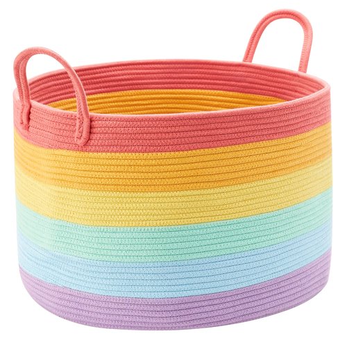 ENAORGAN 70L Rainbow Storage Basket for Blankets in Living Room Baby Kids Woven Rope Toy Basket for Laundry Nursery Hamper Extra Large