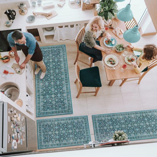KIMODE Kitchen Rugs Sets of 3, Boho Oriental Kitchen Rugs Non Skid Washable, Turquoise Long Kitchen Mats for Floor, Comfort Cushioned Kitchen Runner Rug for Kitchen Hallways Laundry Sink Bathroom