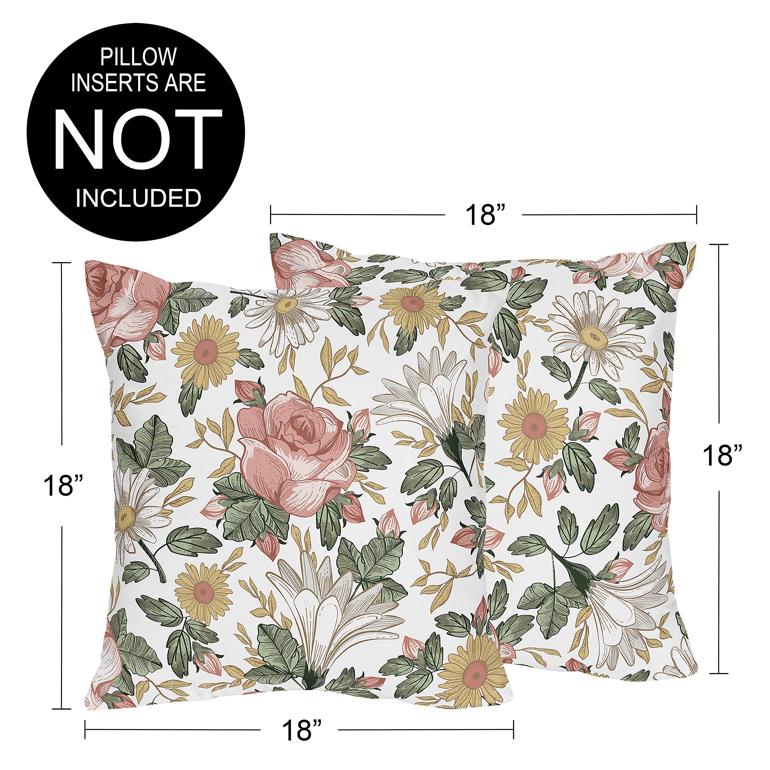 Sweet Jojo Designs Vintage Floral Boho Girl Decorative Throw Pillow Covers Couch Bed Square Home Decor Accent Set of 2 18x18 Pillows NOT Included Blush Pink Yellow Green Bohemian Shabby Chic Farmhouse