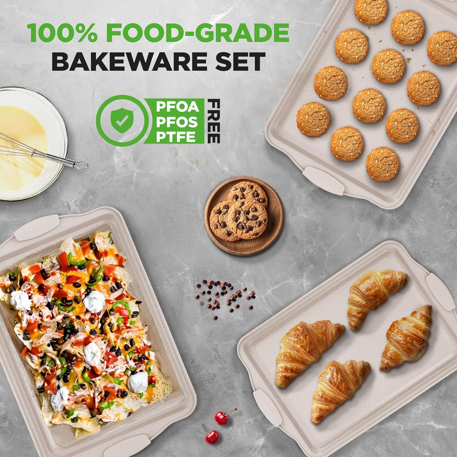 NutriChef Nonstick Cookie Sheets - Premium Carbon Steel Baking Pans with Silicone Handles | Easy Clean, Cream Marble Finish