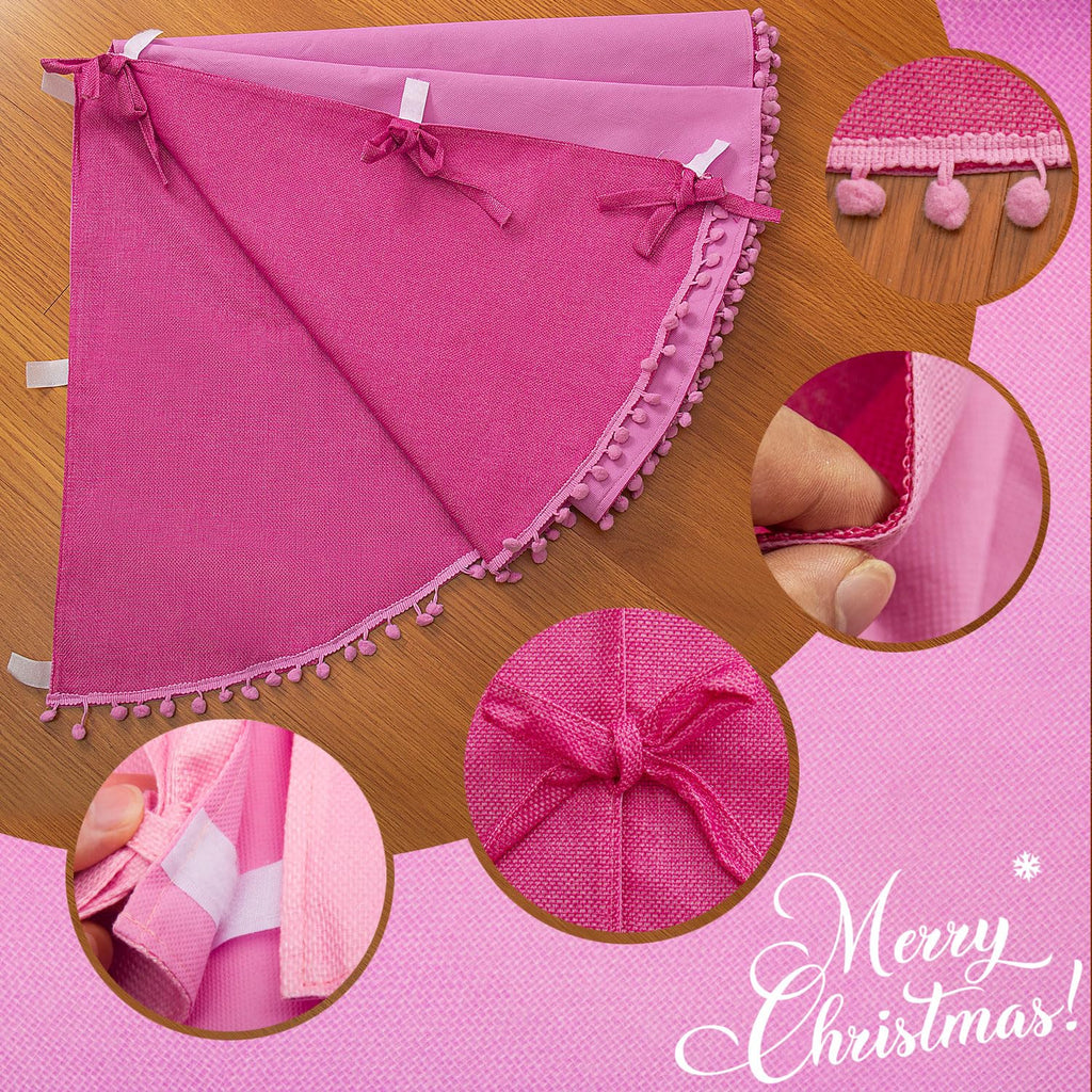 SevenFish Christmas Tree Skirt, 48 inches Large Tree Skirt Soft Double Layer Burlap Tree Skirt with Pom Pom for 6ft 8ft Christmas Tree Holiday Party Decorations, Rose Pink