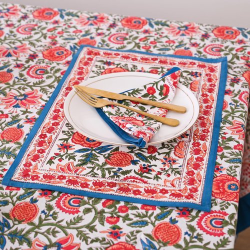 DecorAvenue Hand Block Printed Cotton Tablecloth Elegant Floral Design Perfect for Dining Table Kitchen Parties Home Decor, Wall Tapestry (Peach Floral, 10 Seater 72 x 118 Inches Rectangle)